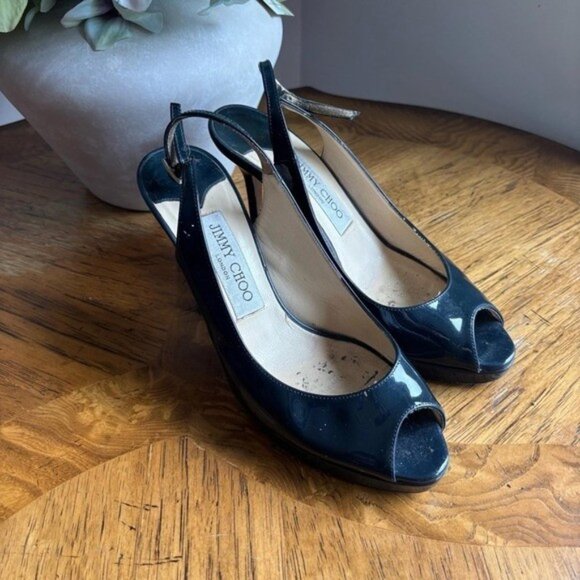 Jimmy Choo Shoes - Jimmy Choo Black Patent Leather Slingback Peep Toe High Heel Pumps
